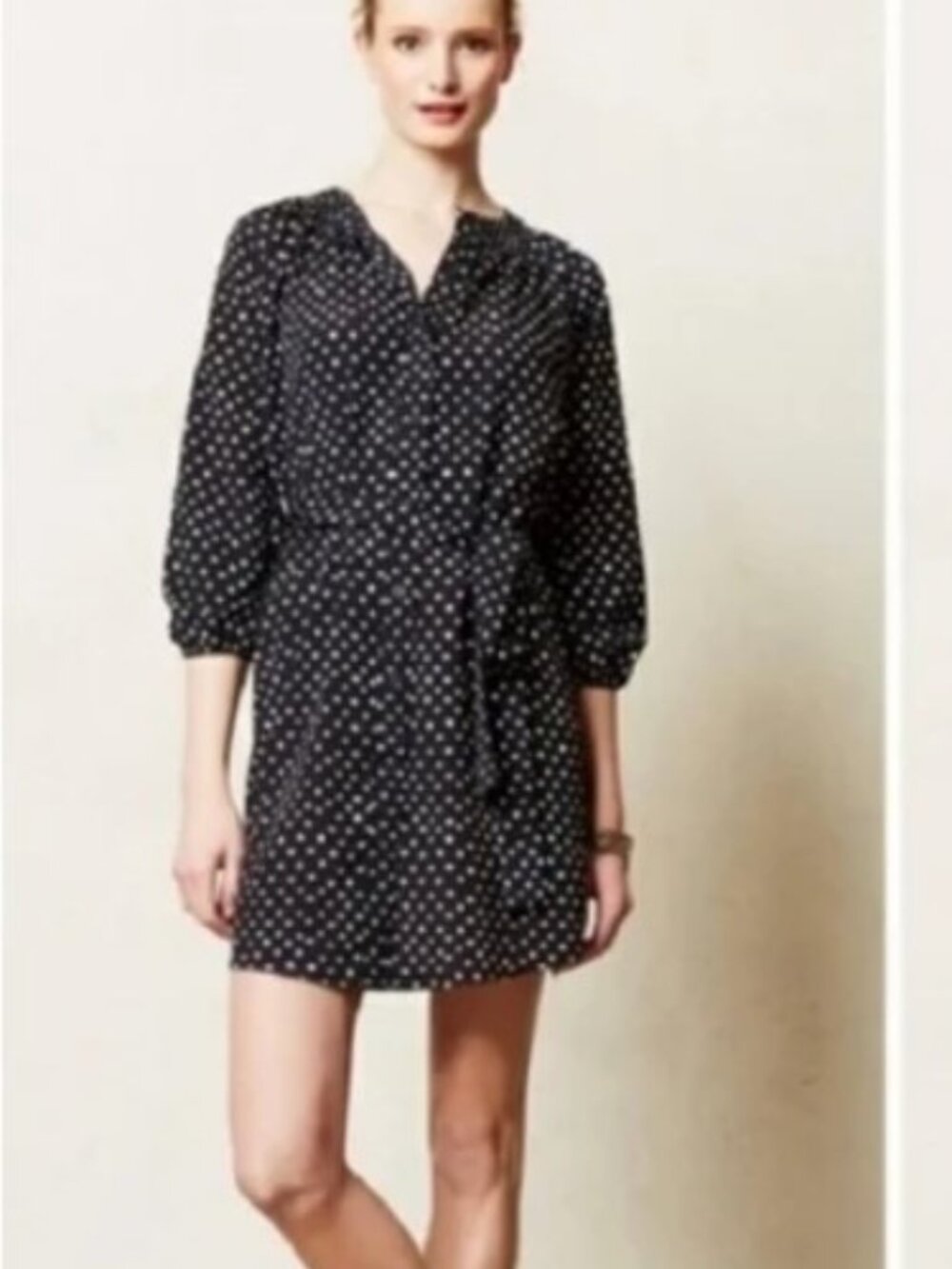 Anthropologie MAEVE Black Polka Dot Shirt Dress Tie Waist Smocked Size S